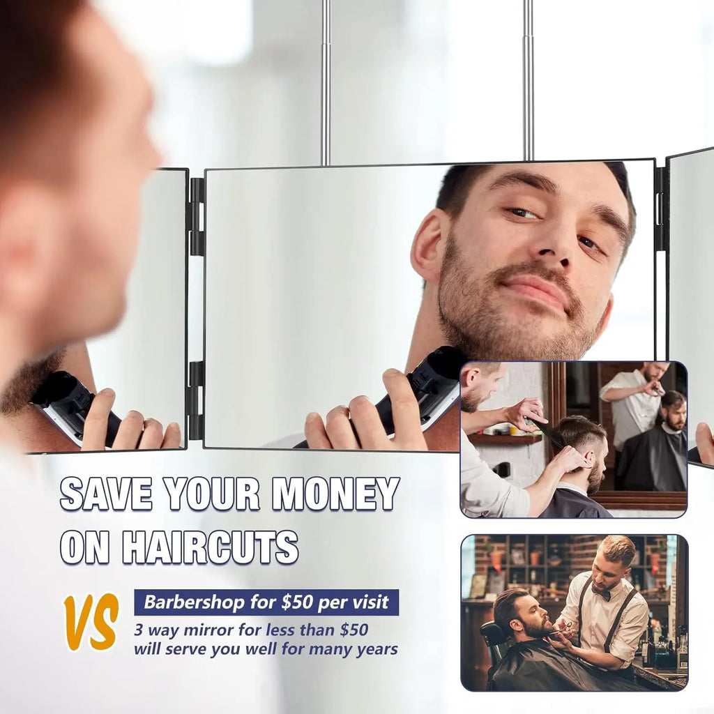 Travel Portable 360° Trifold Vanity Makeup Mirror with Height Adjustable Telescoping Hook for Hair Self Cutting, Shaving, Gifts FadeR