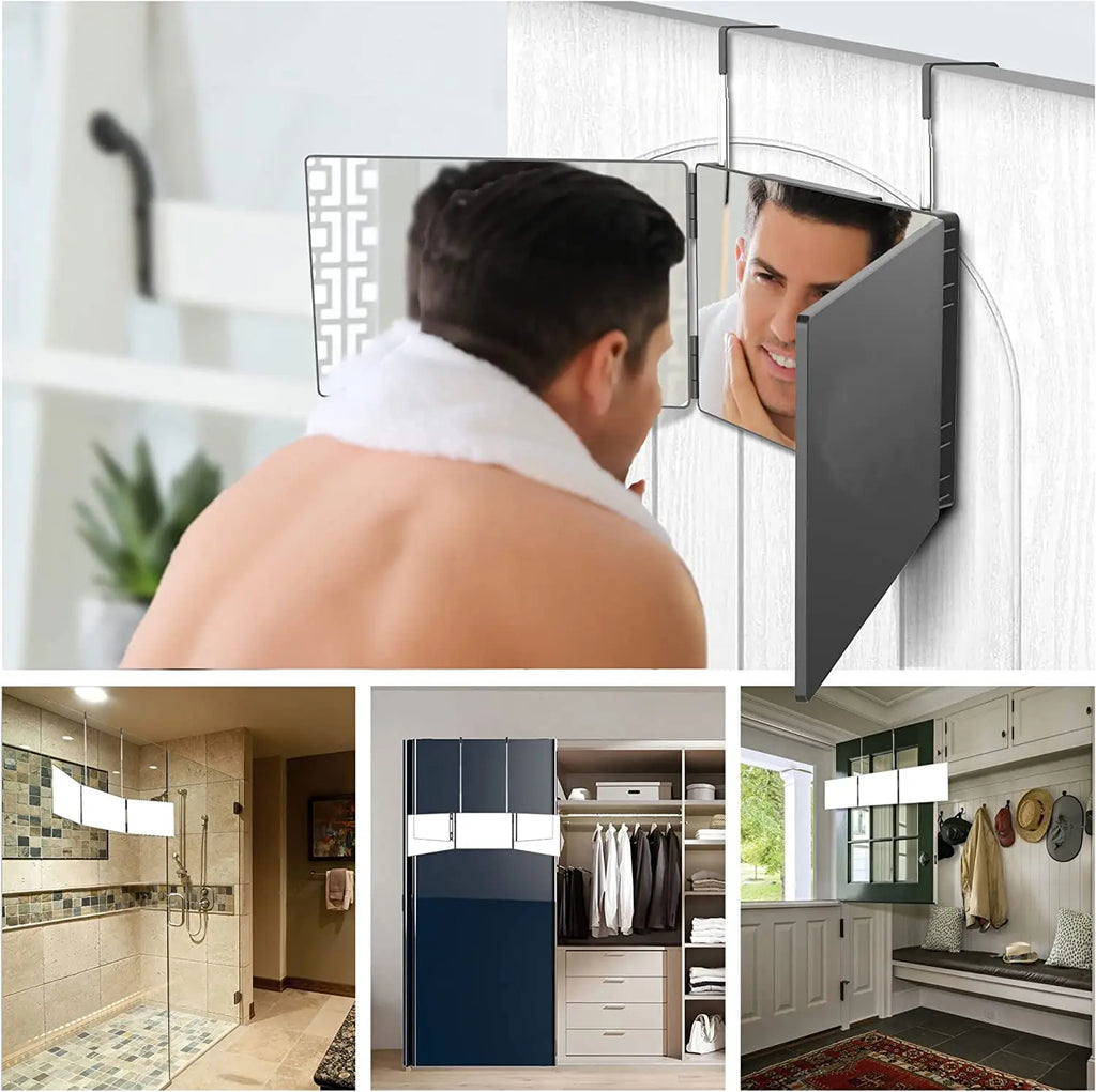 Travel Portable 360° Trifold Vanity Makeup Mirror with Height Adjustable Telescoping Hook for Hair Self Cutting, Shaving, Gifts FadeR