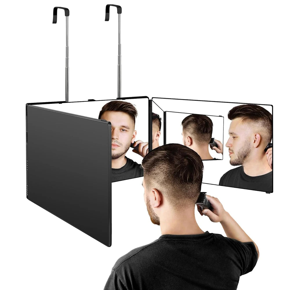 Travel Portable 360° Trifold Vanity Makeup Mirror with Height Adjustable Telescoping Hook for Hair Self Cutting, Shaving, Gifts FadeR